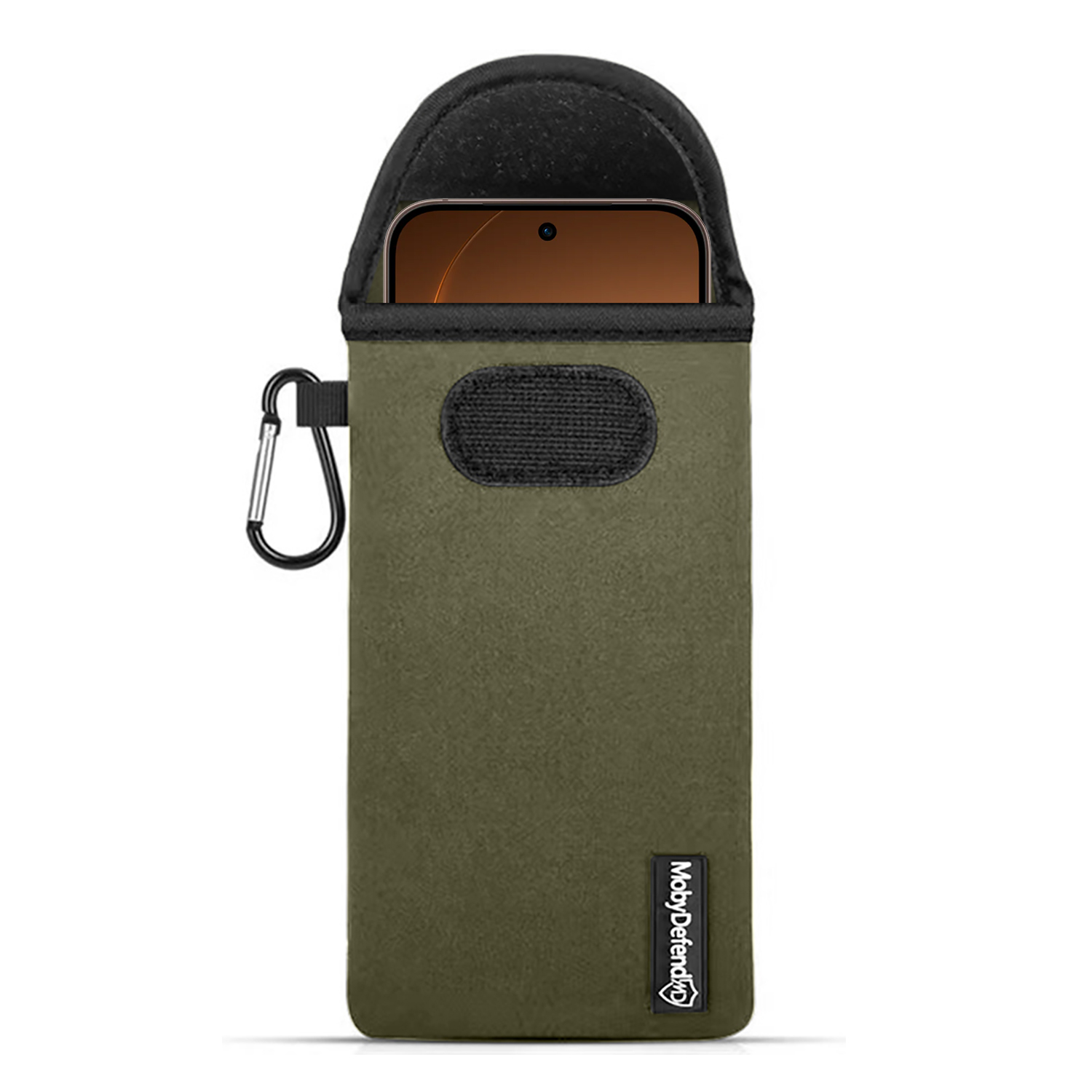 Une pochette verte olive pour téléphone avec mousqueton et velcro.