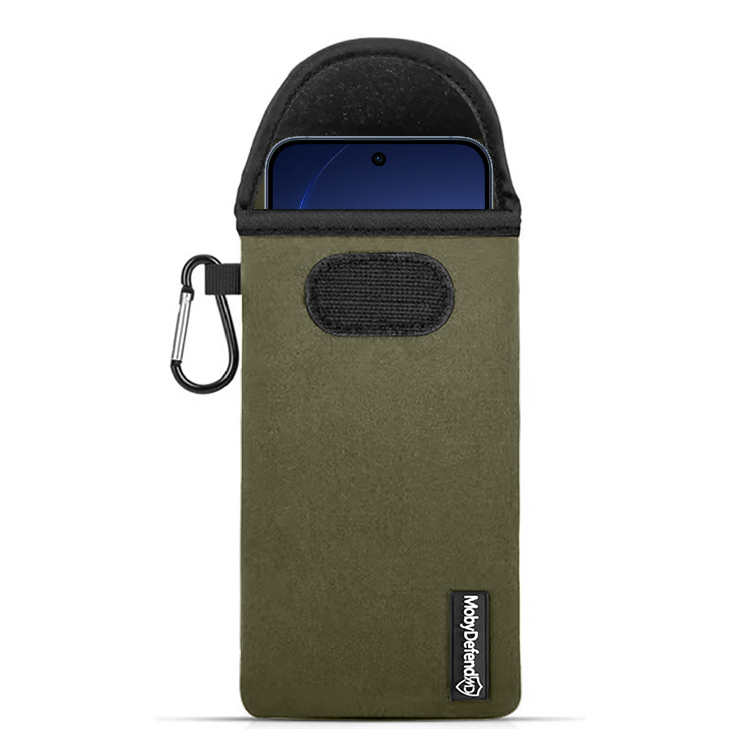 Pochette verte pour téléphone avec mousqueton et velcro noir.