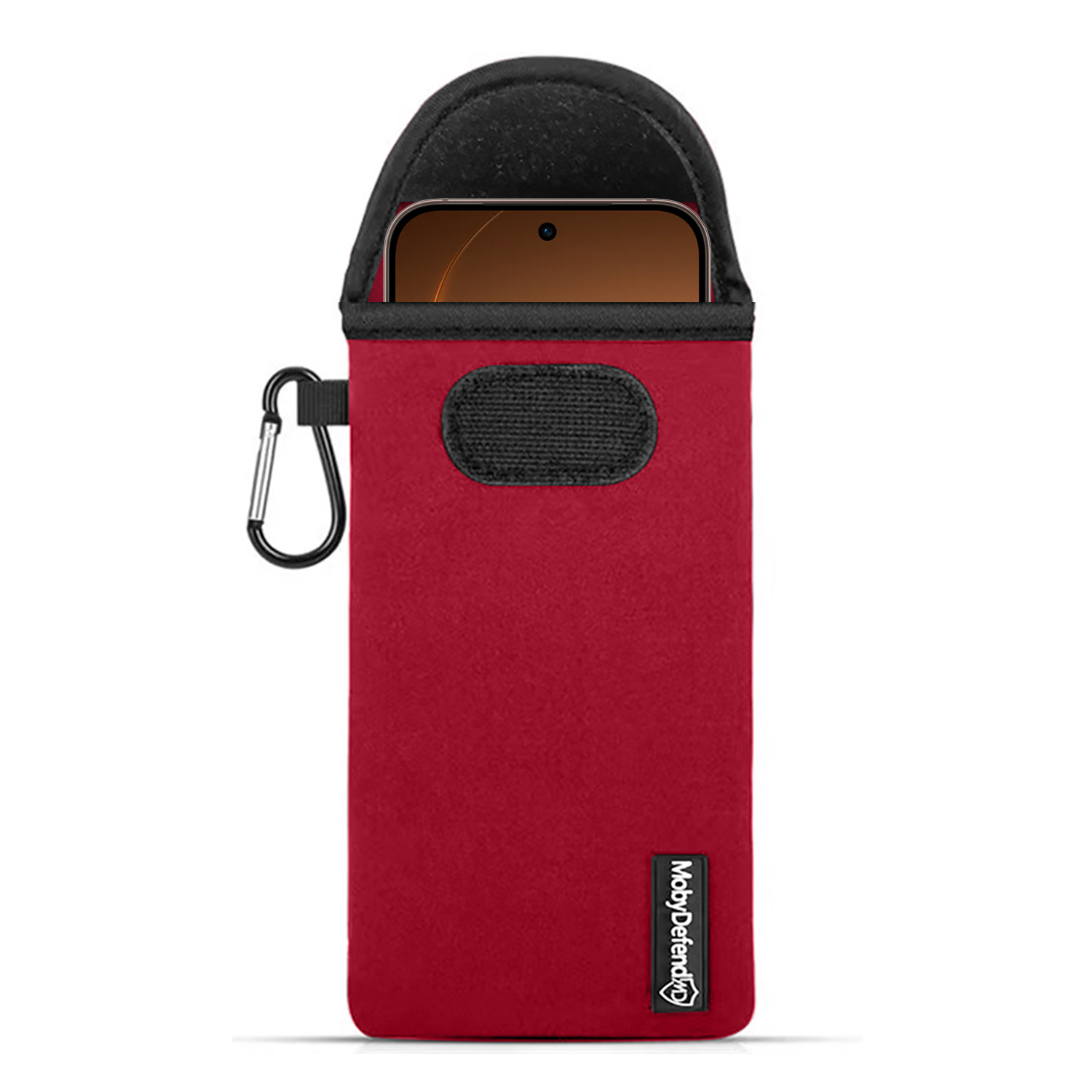 Pochette rouge pour téléphone avec mousqueton noir et velcro.
