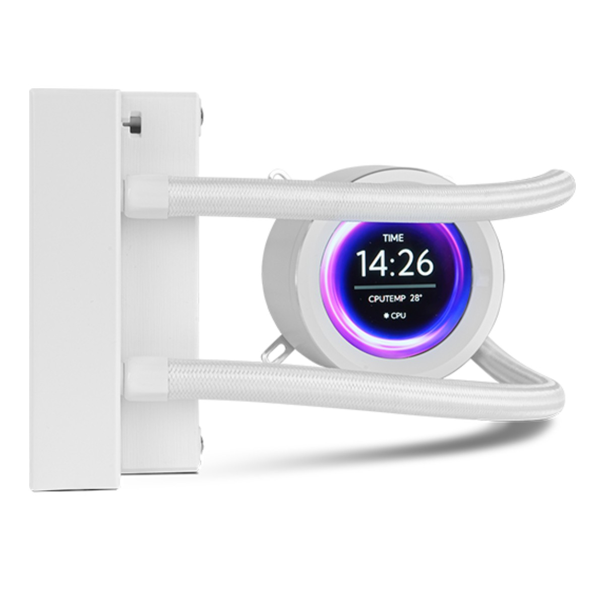 Witte computer waterkoeler met digitaal display voor tijd en CPU-temperatuur.