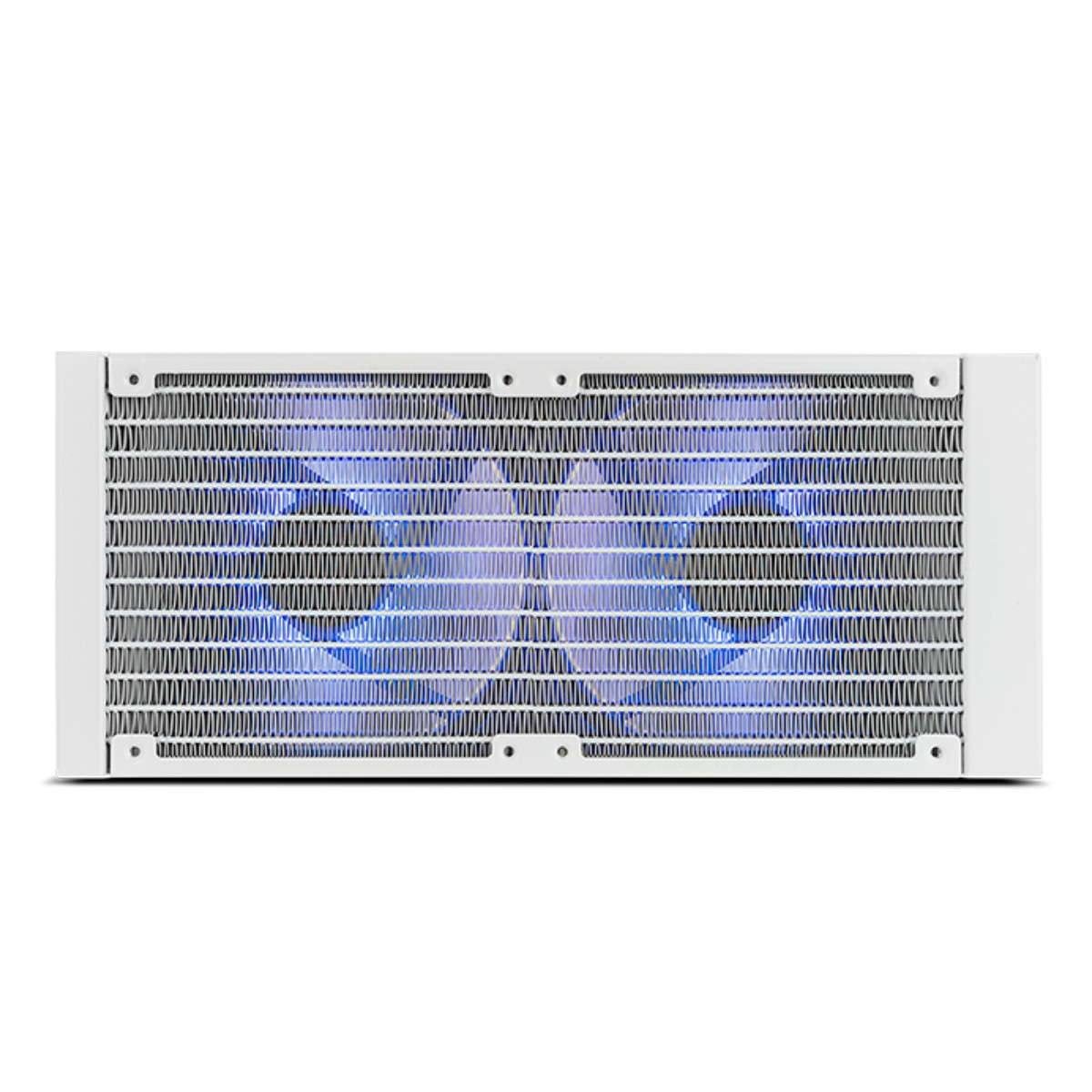 Een witte radiator met twee blauwe ventilatoren die door de lamellen gloeien.
