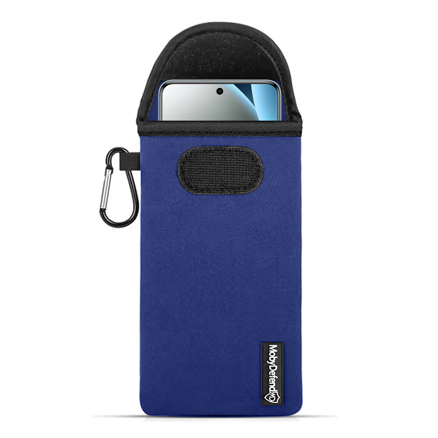 Blauwe telefoonhoes met karabijnhaak en klittenband. Een smartphone is deels zichtbaar.