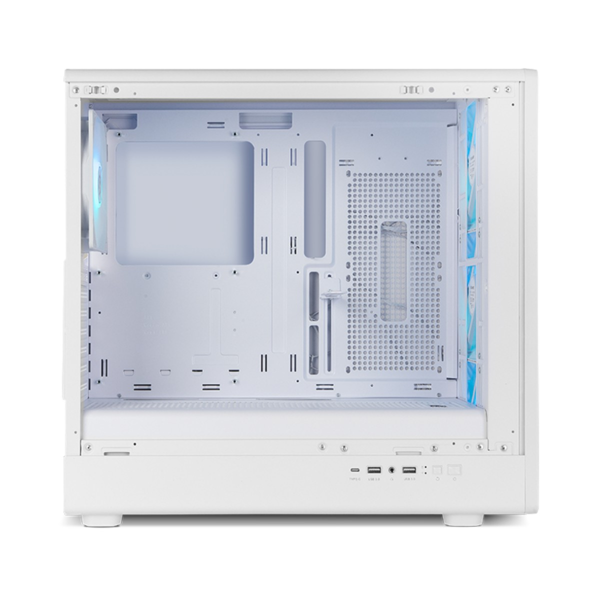 Vista interna di un case PC bianco con ventole e porte visibili.
