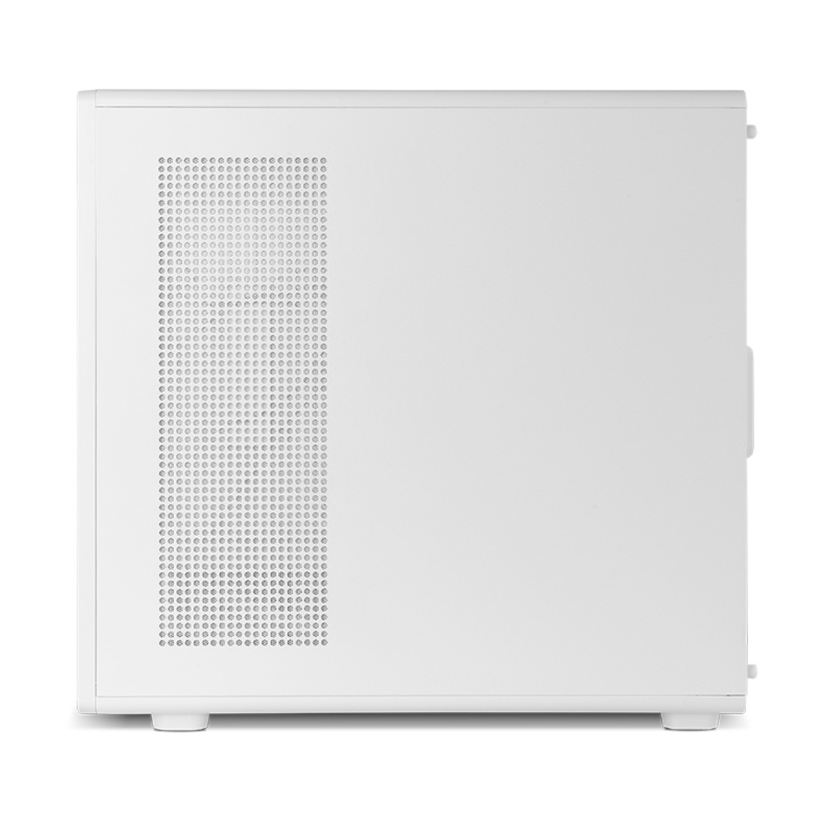 Lato case PC bianco con fori di ventilazione e piedini.