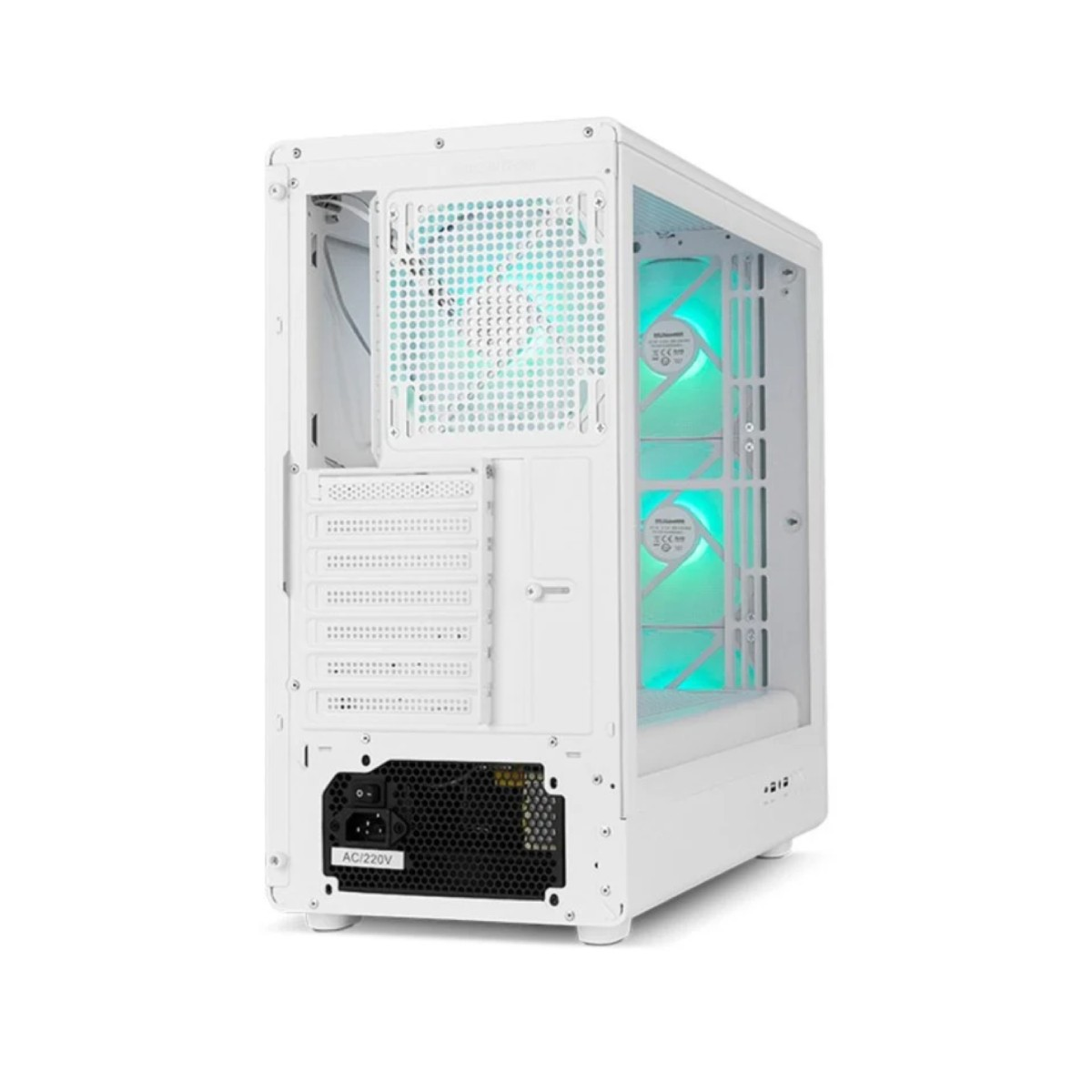 Un case per computer bianco con ventole RGB e connessione alimentatore.