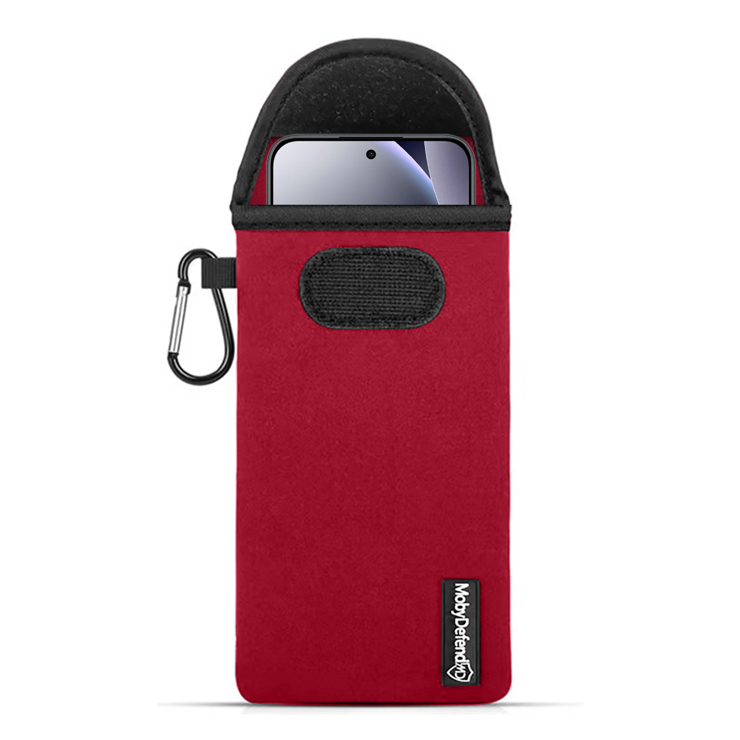 Pochette rouge pour téléphone avec mousqueton et fermeture velcro. Haut du téléphone visible.