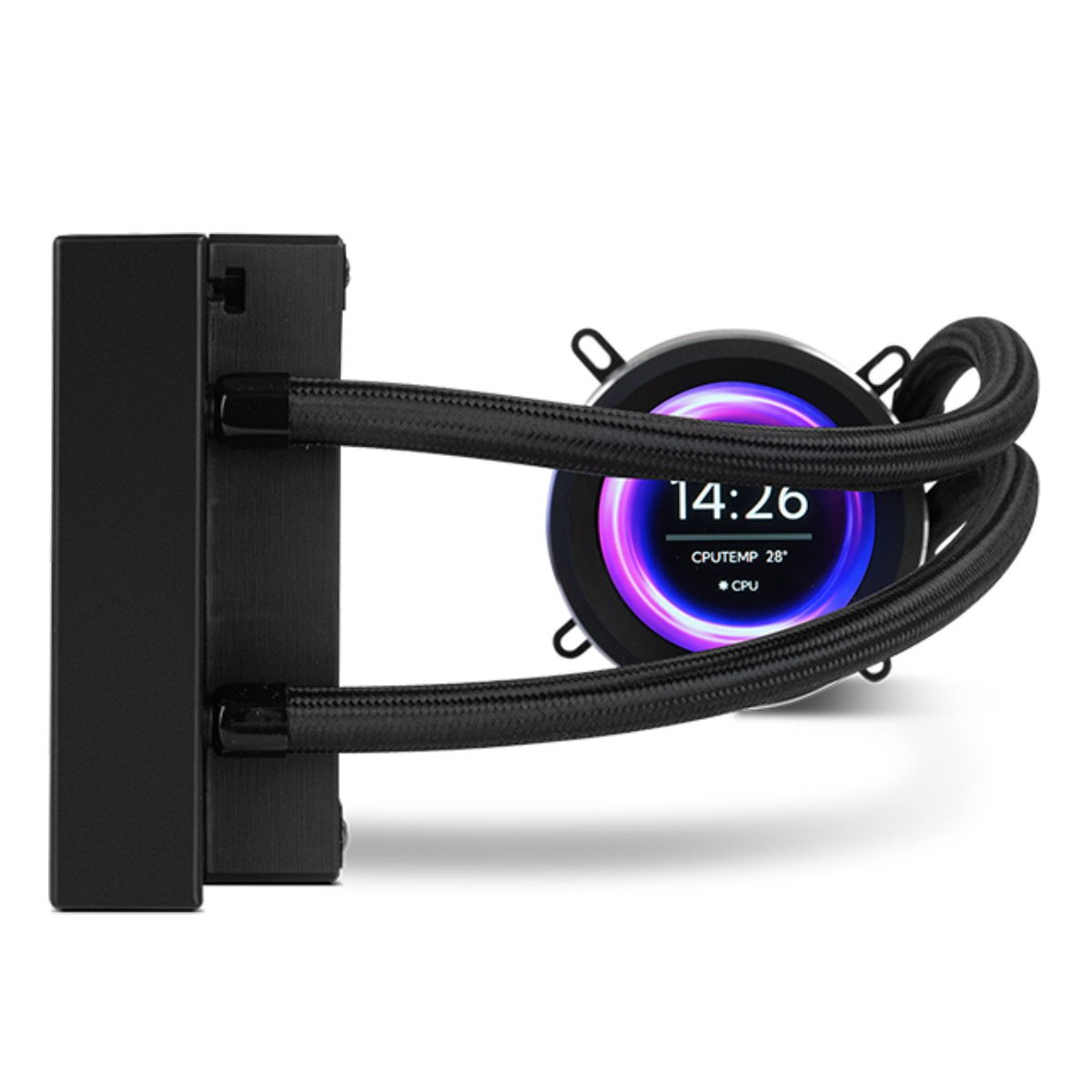 Zwarte CPU-koeler met digitaal display dat tijd en CPU-temperatuur toont.