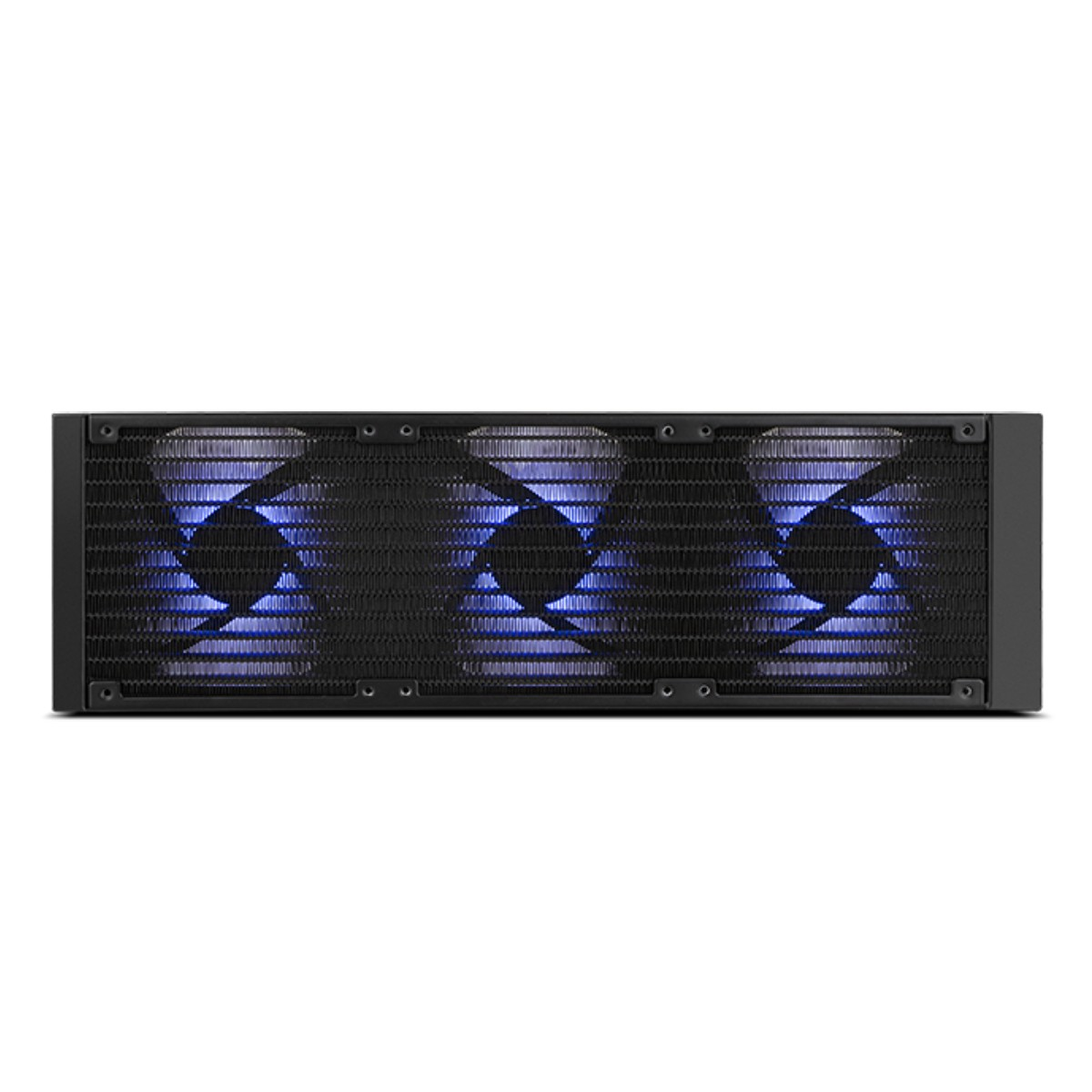 Een zwarte koeler met drie blauwe ventilatoren.