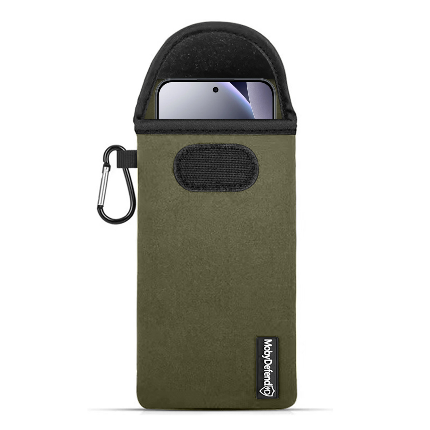 Pochette téléphone verte avec mousqueton, haut du téléphone visible.