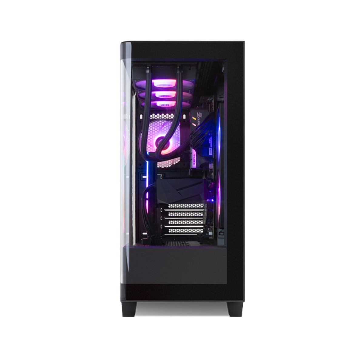 Un case PC nero con frontale in vetro e illuminazione RGB.