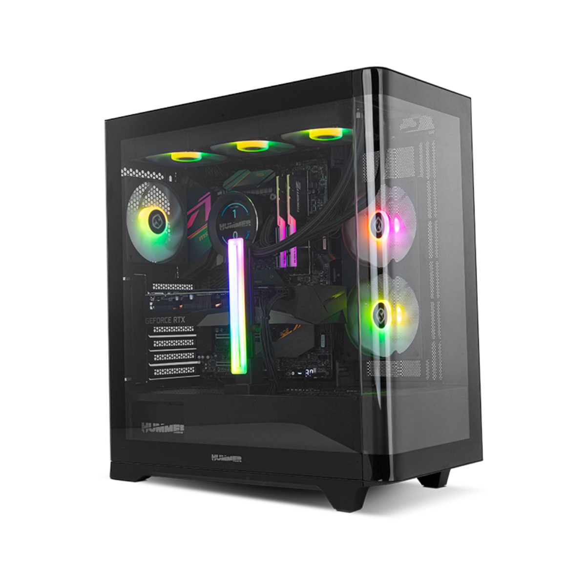 Un case PC nero con finestra in vetro e illuminazione RGB colorata.