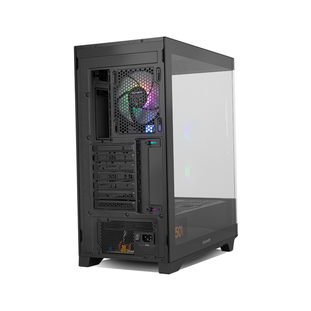 Vista posteriore di un case PC nero con ventola RGB e finestra in vetro.