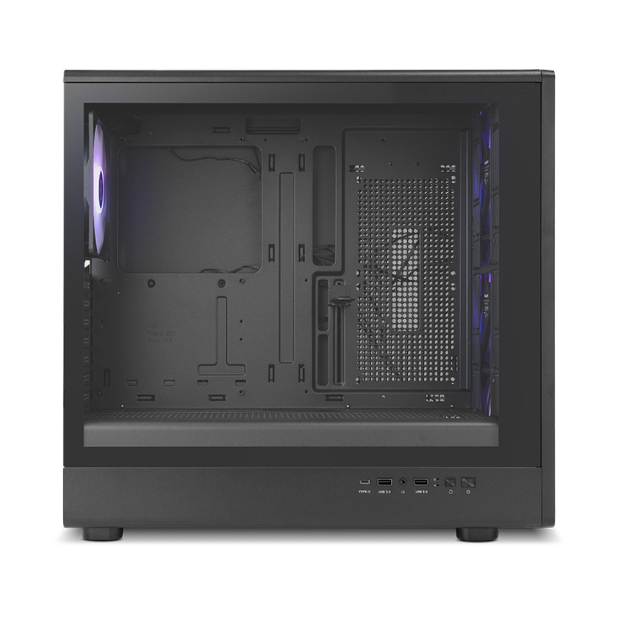 Un case per PC nero con pannello laterale aperto e ventole RGB.