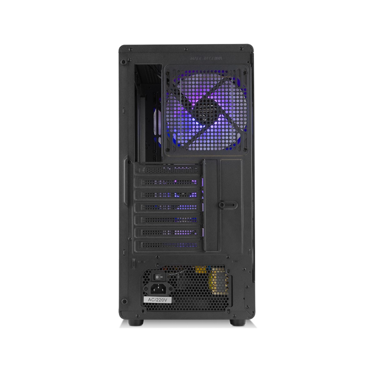 Vista posteriore di un case PC nero, con ventola e connessioni alimentazione.