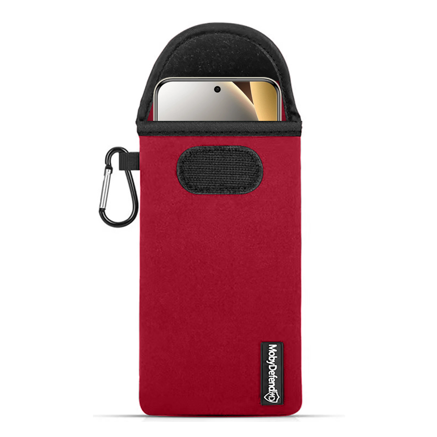 Rode telefoonhoes met karabijnsluiting en MobyDefend logo.