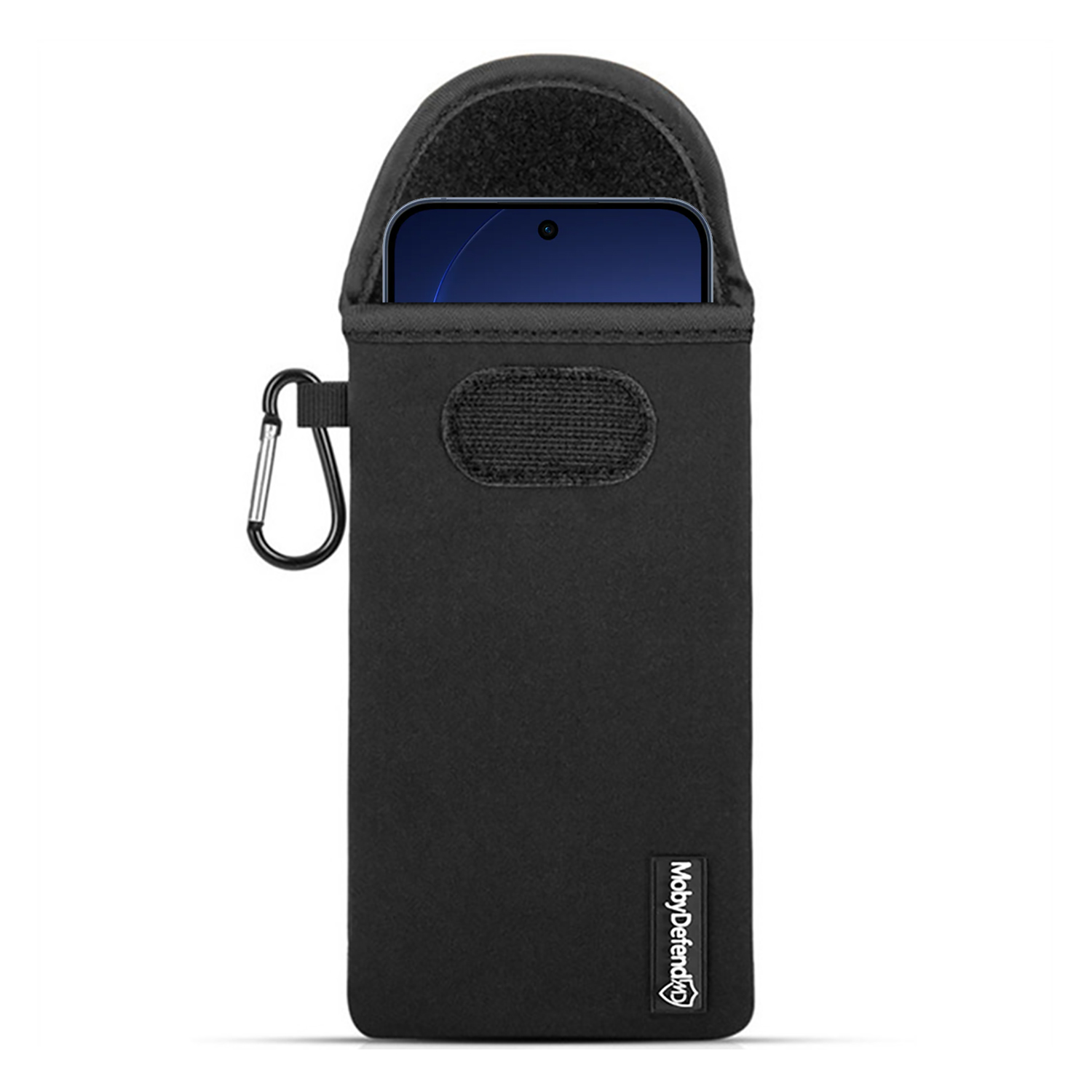 Étui noir pour téléphone avec mousqueton et velcro, smartphone partiellement visible.