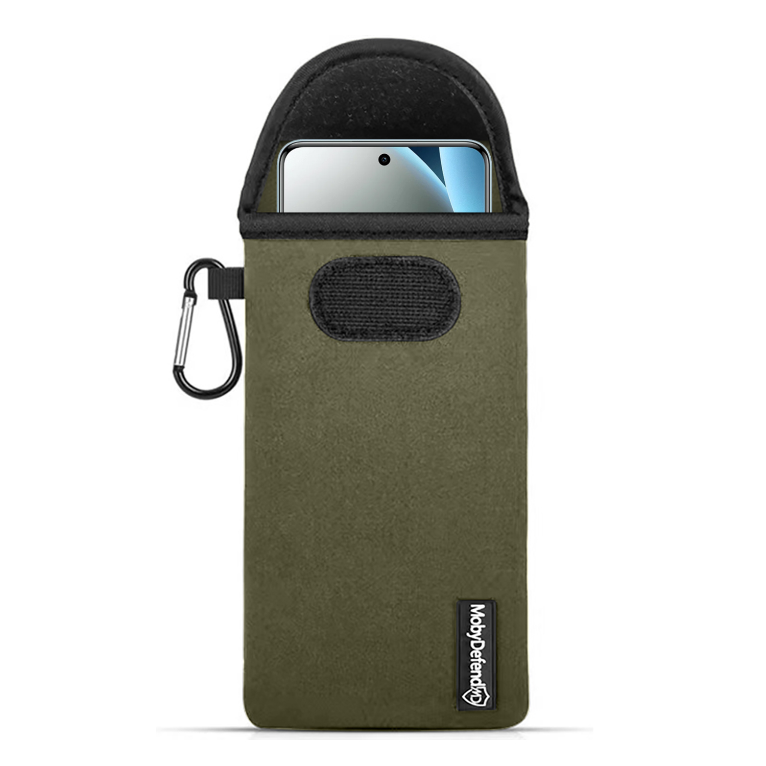 Groene telefoonhoes met karabijnhaak en klittenband, toont smartphone-punt.