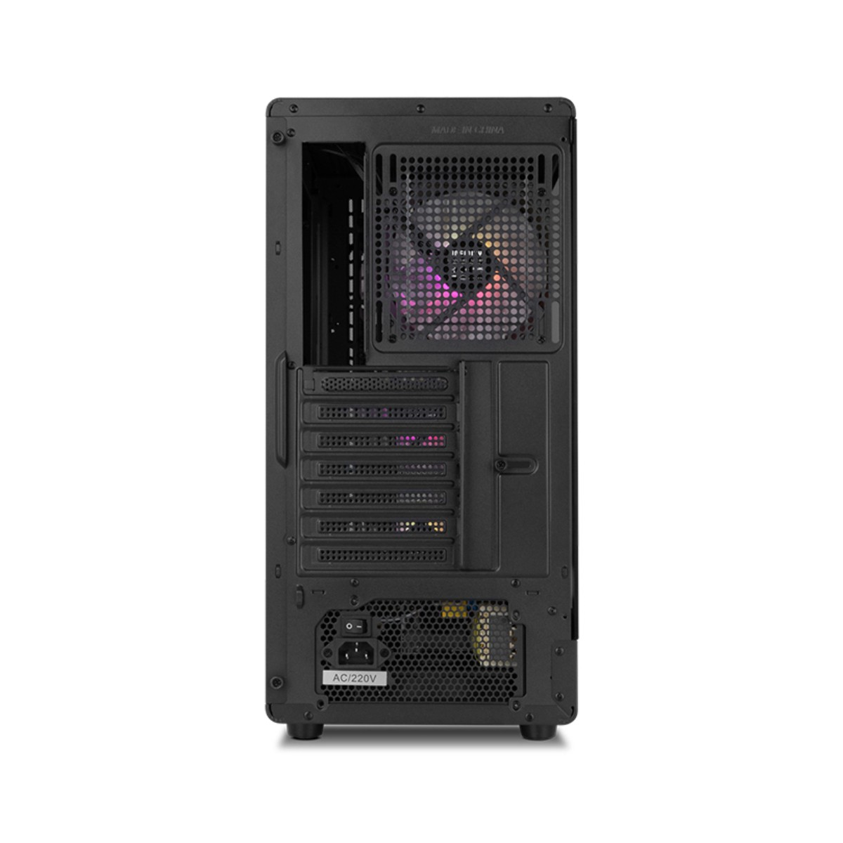 Retro di un case per PC nero con ventola e porte.