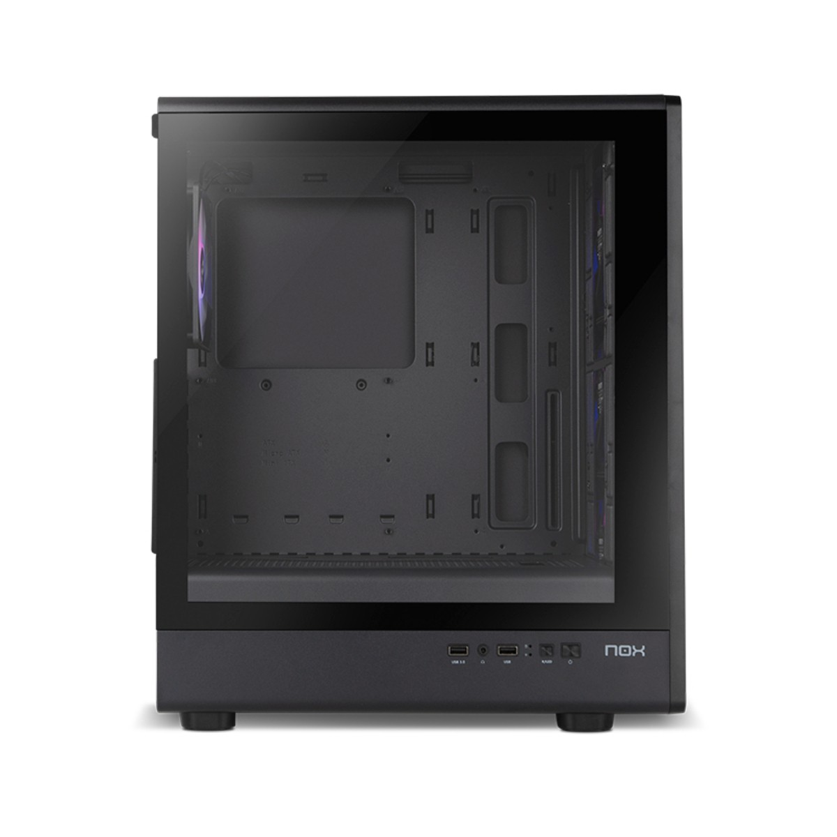 Case PC nero con finestra in vetro, ventole e porte visibili.