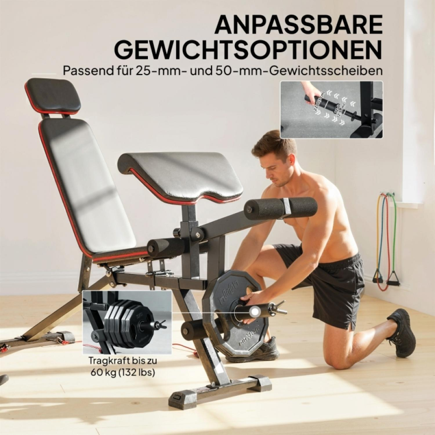 Mann lädt Gewichte auf ein Fitnessgerät. Tragkraft bis 60 kg.