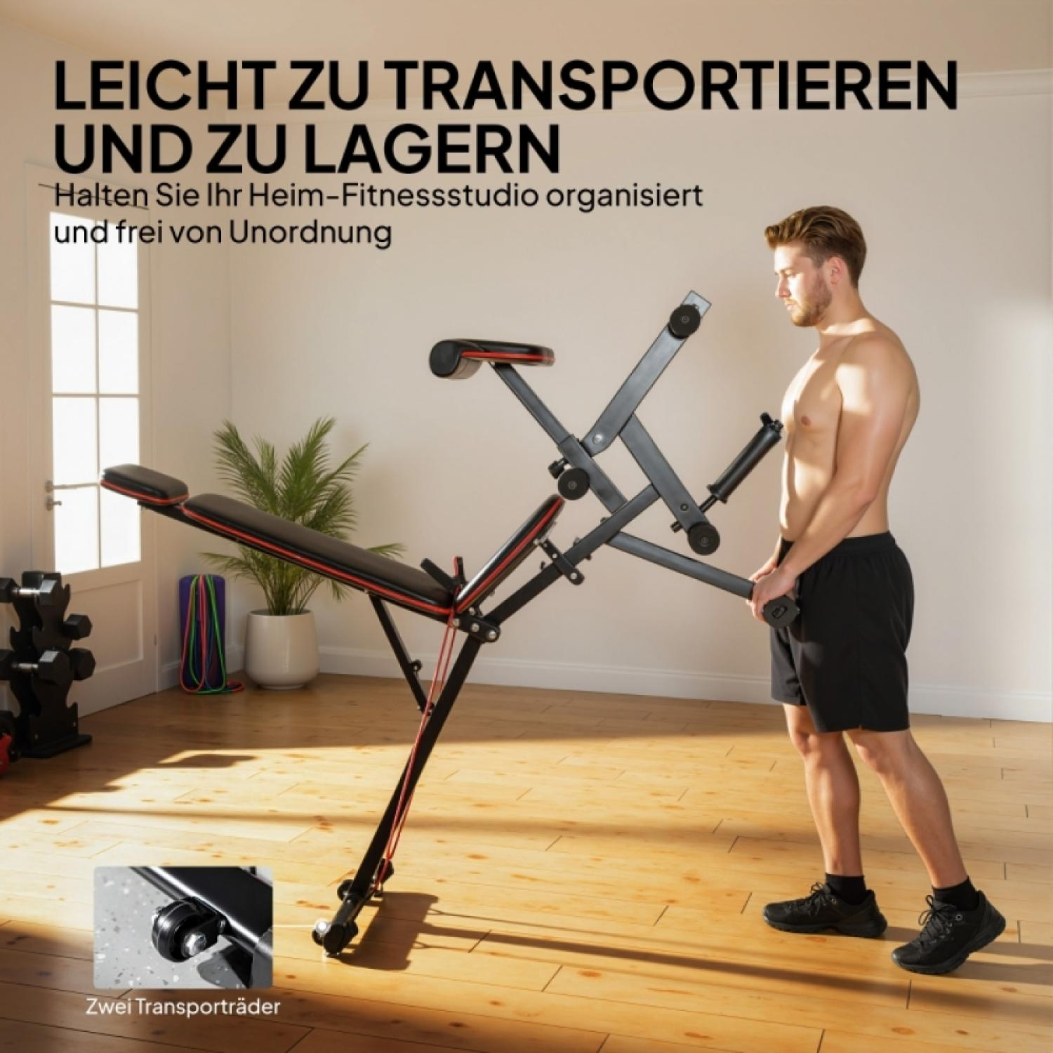 Ein Mann hält eine zusammenklappbare Hantelbank mit Transporträdern.