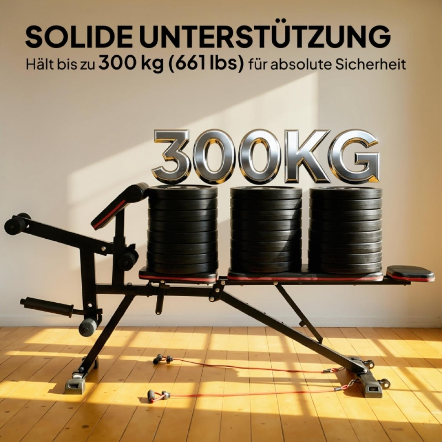 Hantelbank mit Gewichten (300 kg) und Widerstandsbändern auf Holzboden.