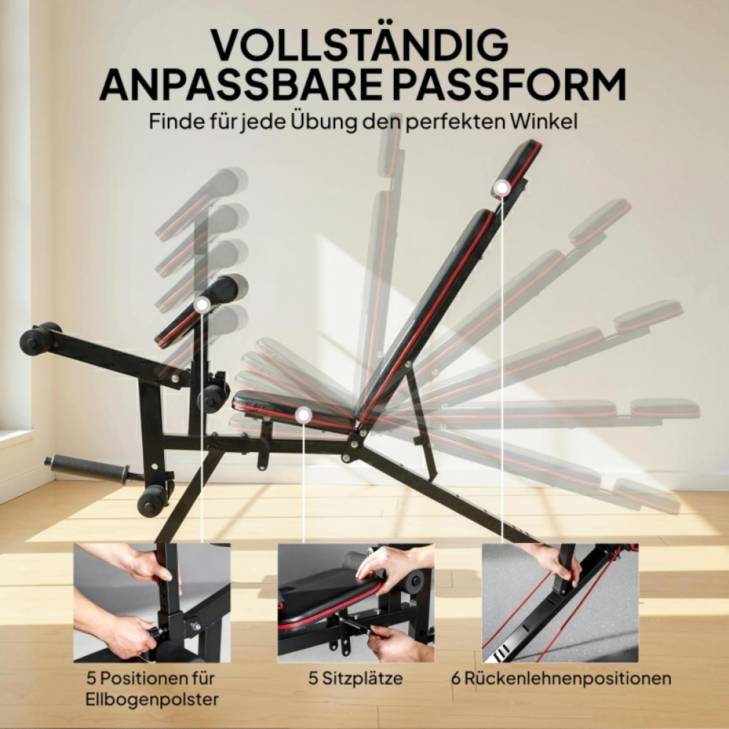 Verstellbare Fitnessbank mit mehreren Sitz- und Rückenlehnenpositionen.