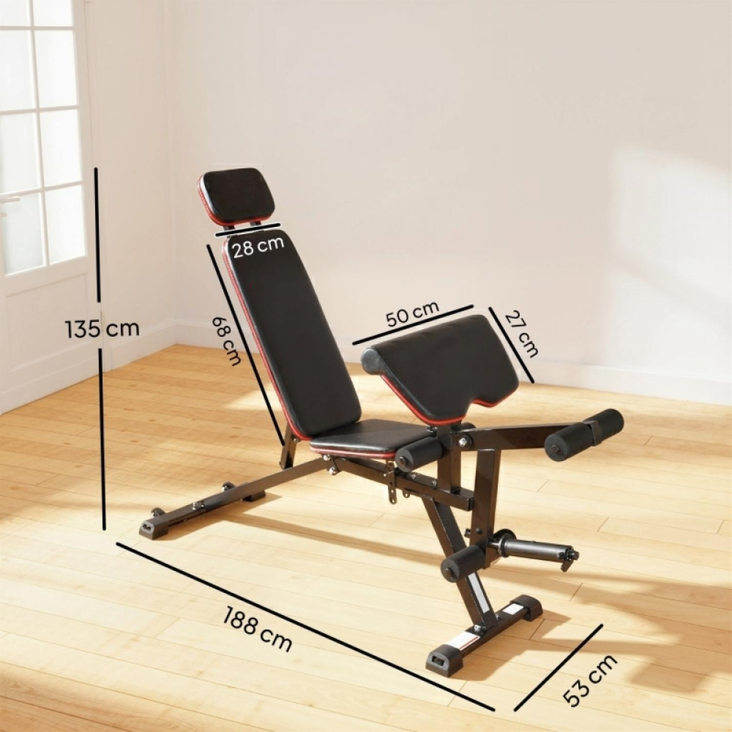 Ein schwarzes und rotes Fitnessgerät mit Maßen.