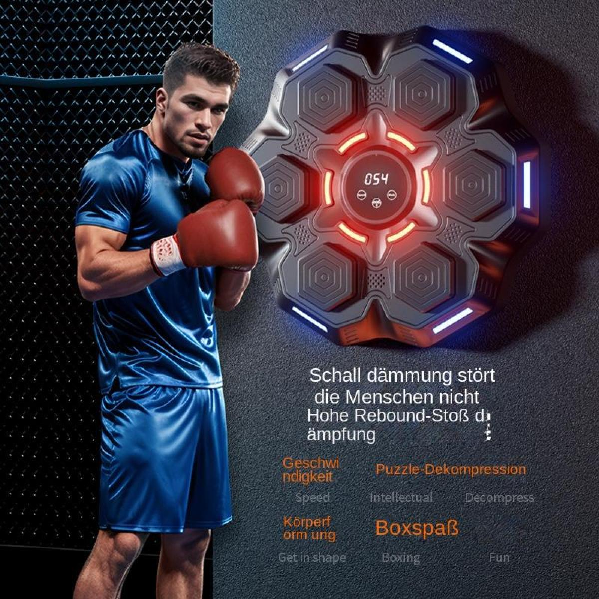 Ein Boxer in blauer Sportkleidung mit roten Handschuhen und ein Trainingsgerät.