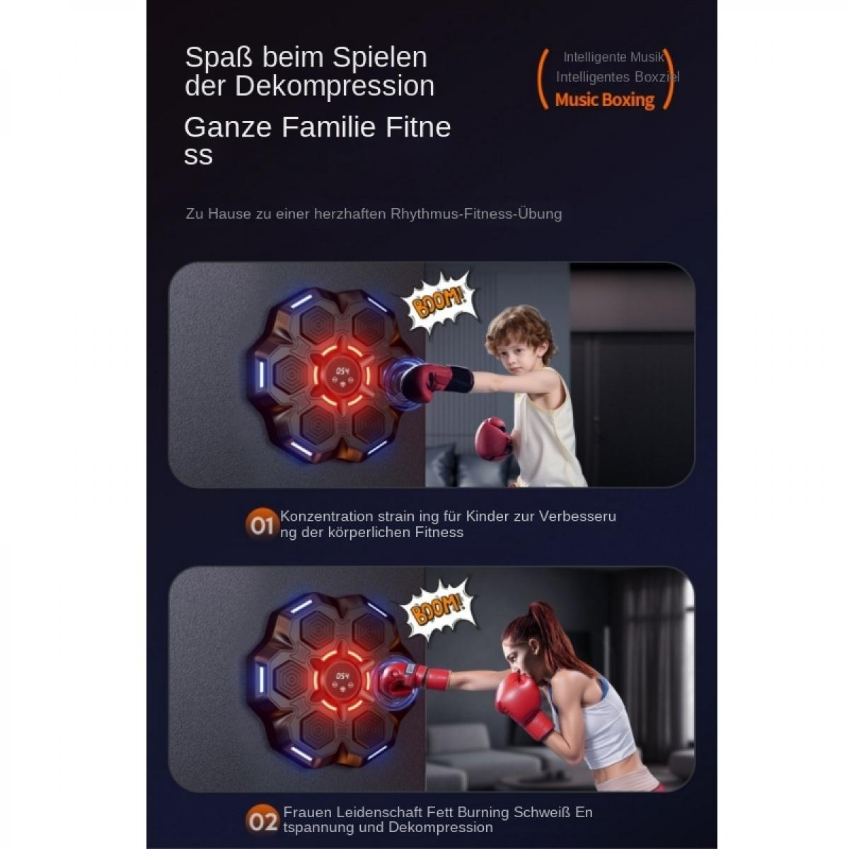 Ein Junge und eine Frau mit Boxhandschuhen schlagen auf ein leuchtendes, sechseckiges Musik-Boxziel.