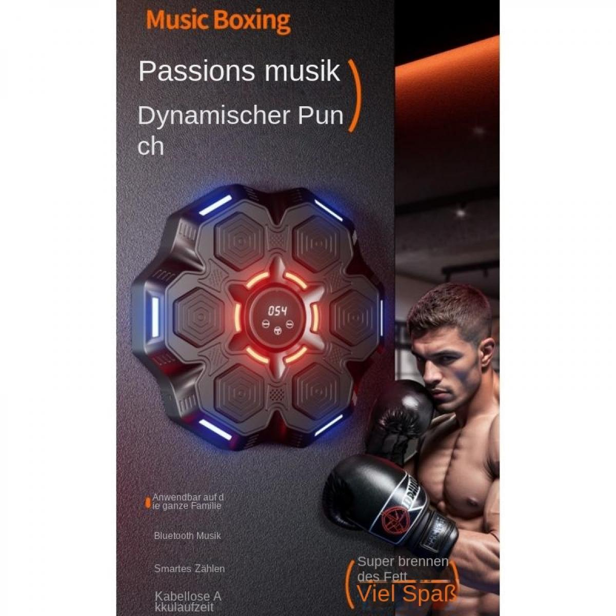 Ein Mann mit Boxhandschuhen neben einem Musik-Boxgerät mit leuchtenden Lichtern.