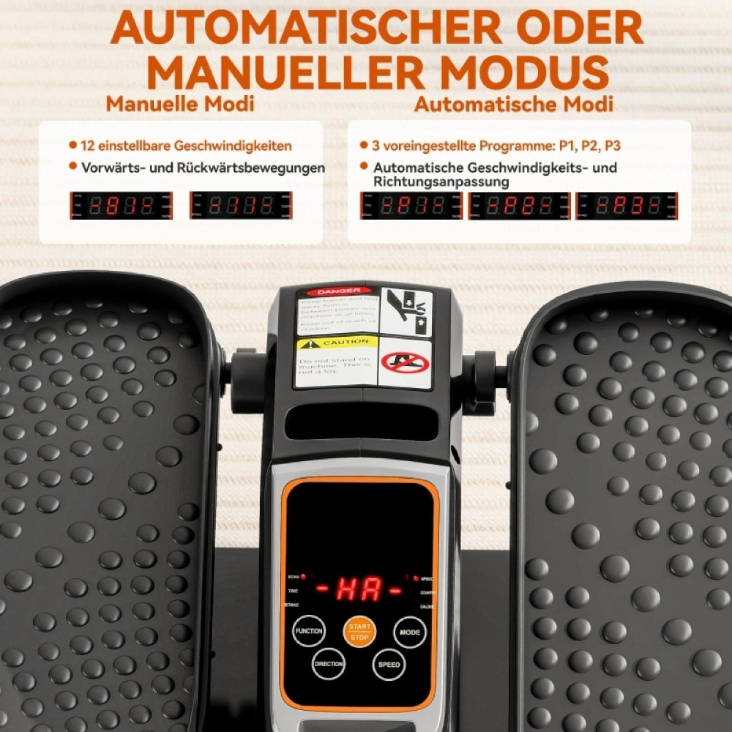 Ein Stepper mit Anzeige für Modi, Geschwindigkeit und Zeit. Mit Bedienelementen.