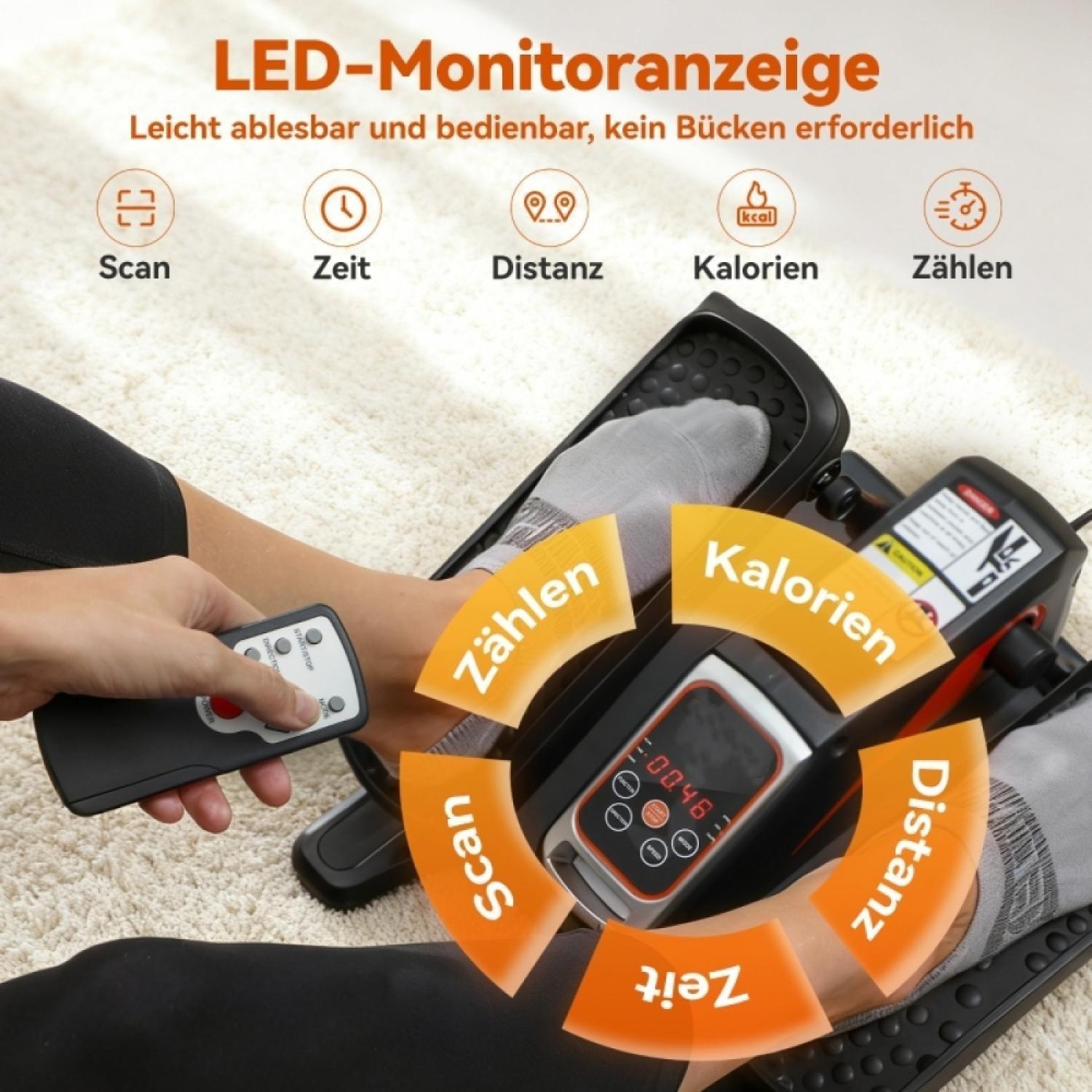 Person benutzt Heimtrainer mit Fernbedienung, Anzeige zeigt Zeit, Distanz, Kalorien.
