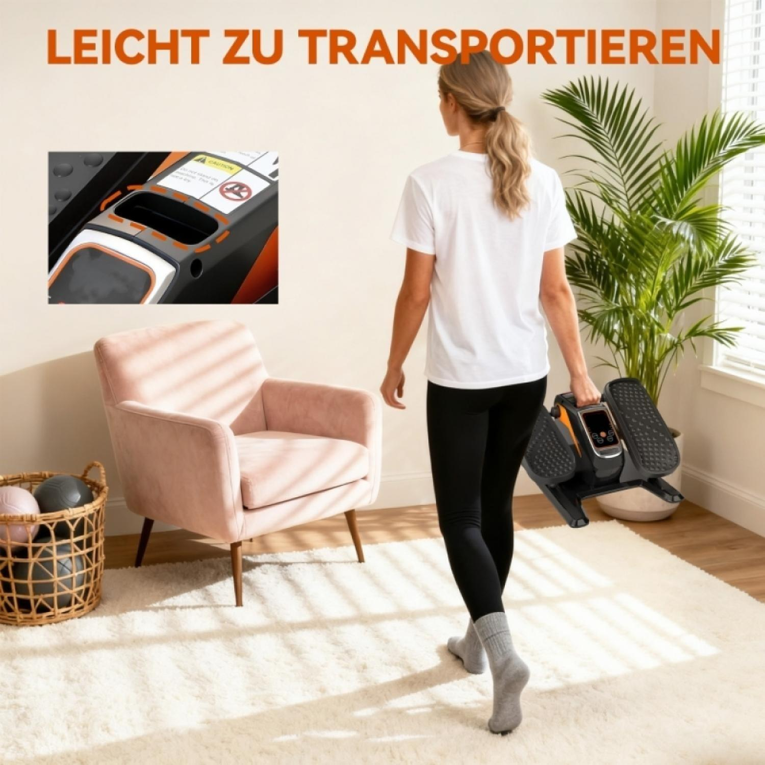 Frau trägt ein Heimtrainer-Gerät. Text: Leicht zu transportieren.