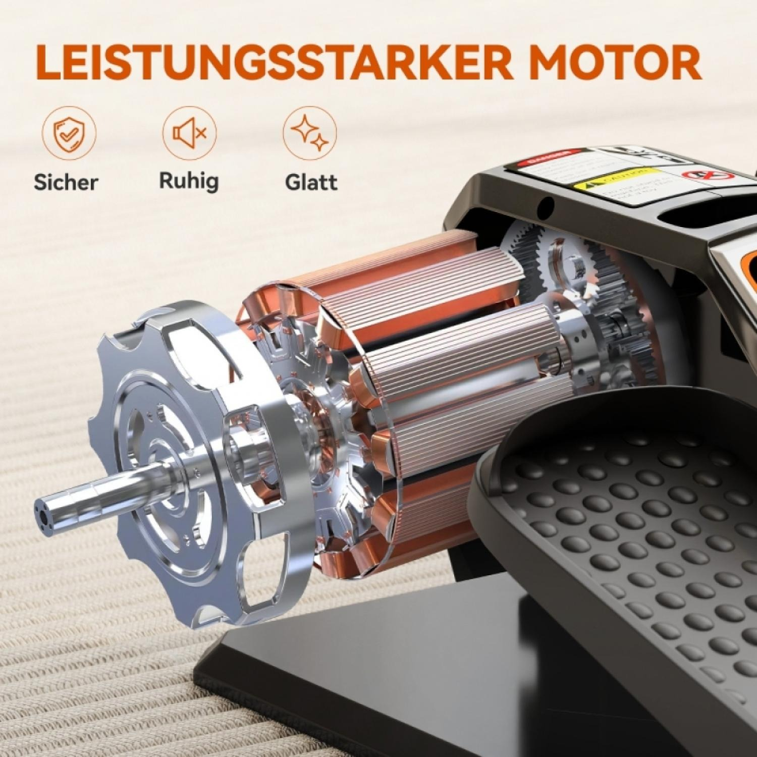 Detailaufnahme eines starken Motors mit Kupferwicklungen und Zahnrädern.