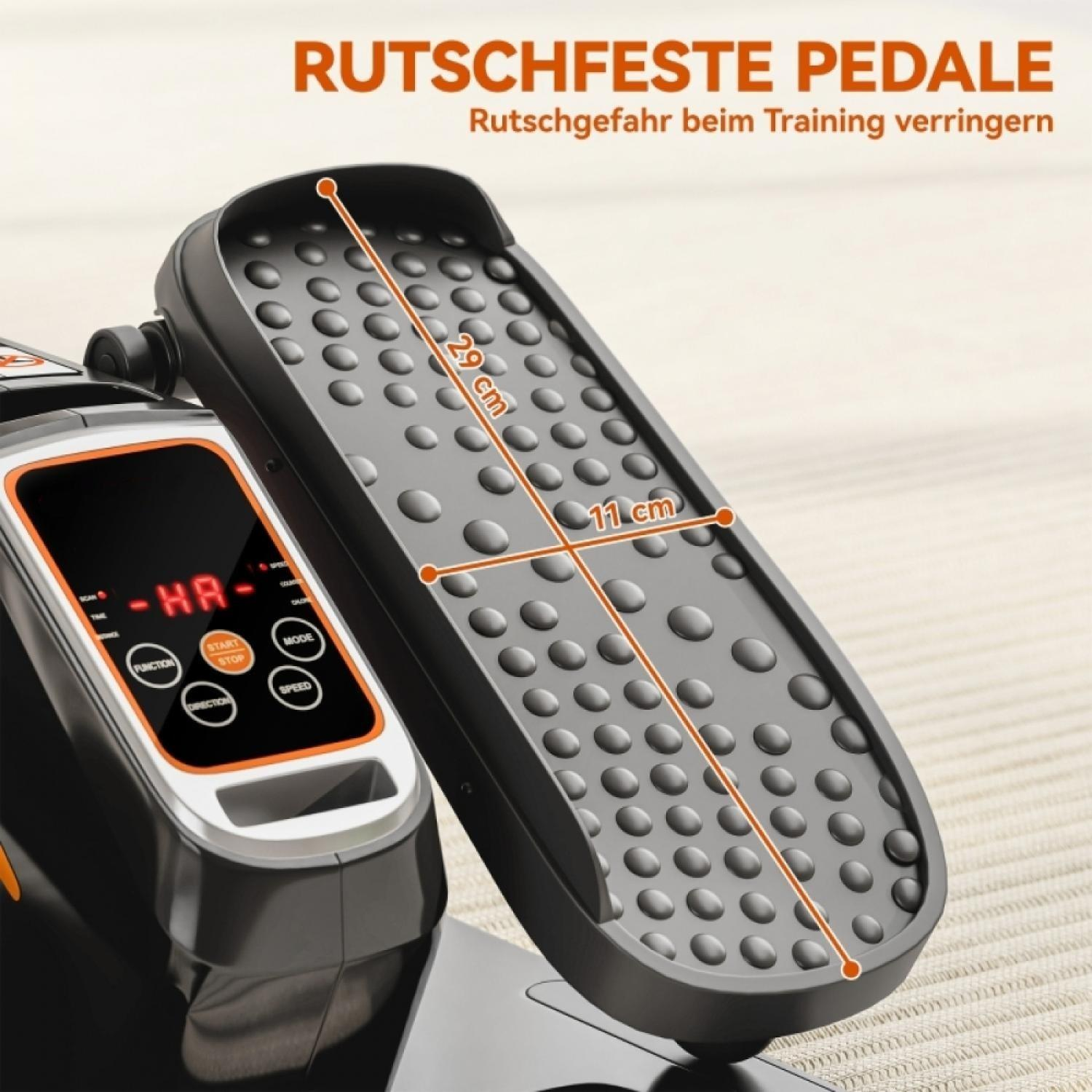 Ein schwarzes Fitnessgerät-Pedal mit Noppen und ein Display mit Tasten.