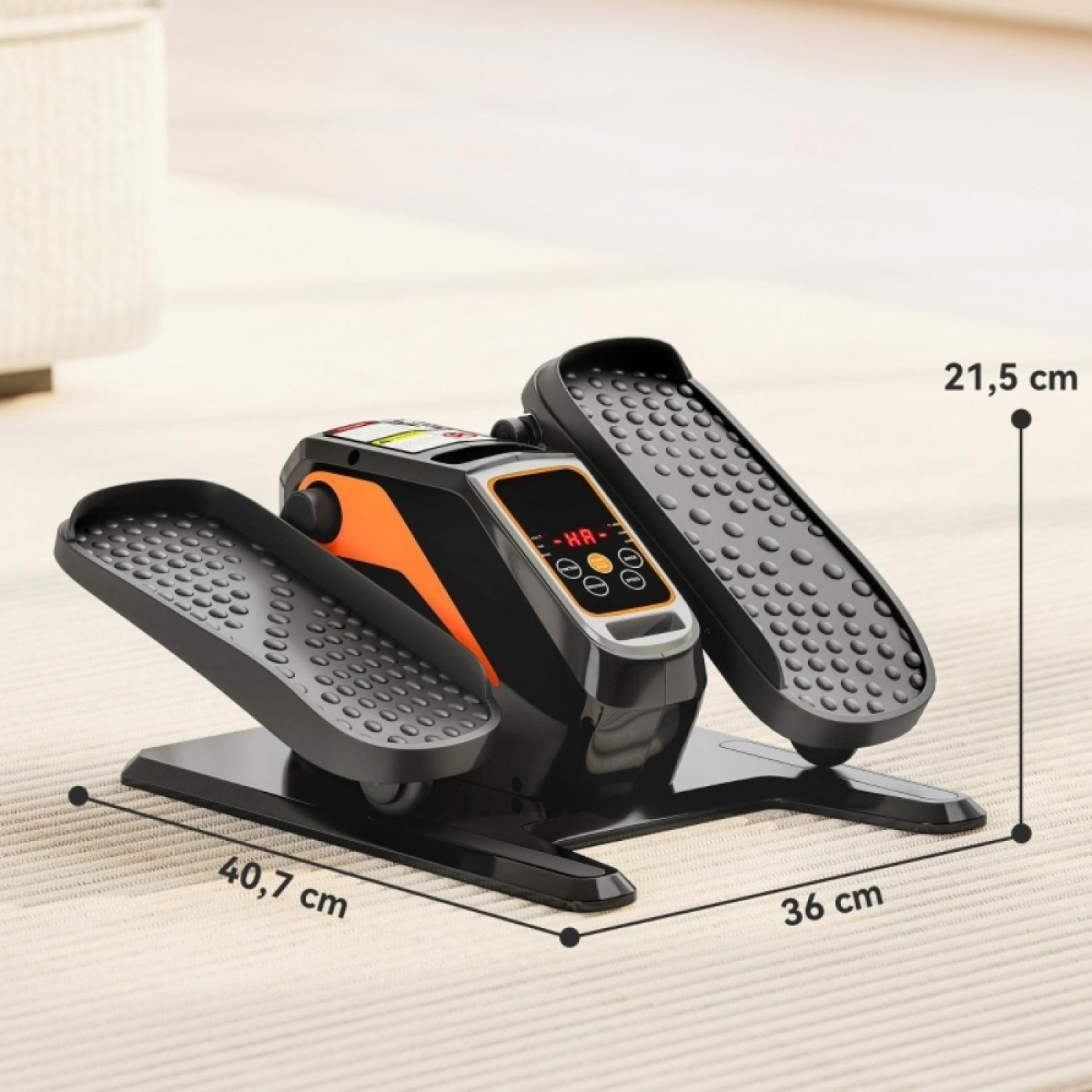 Ein schwarzer und oranger Heimtrainer mit zwei Pedalen und einem digitalen Display.