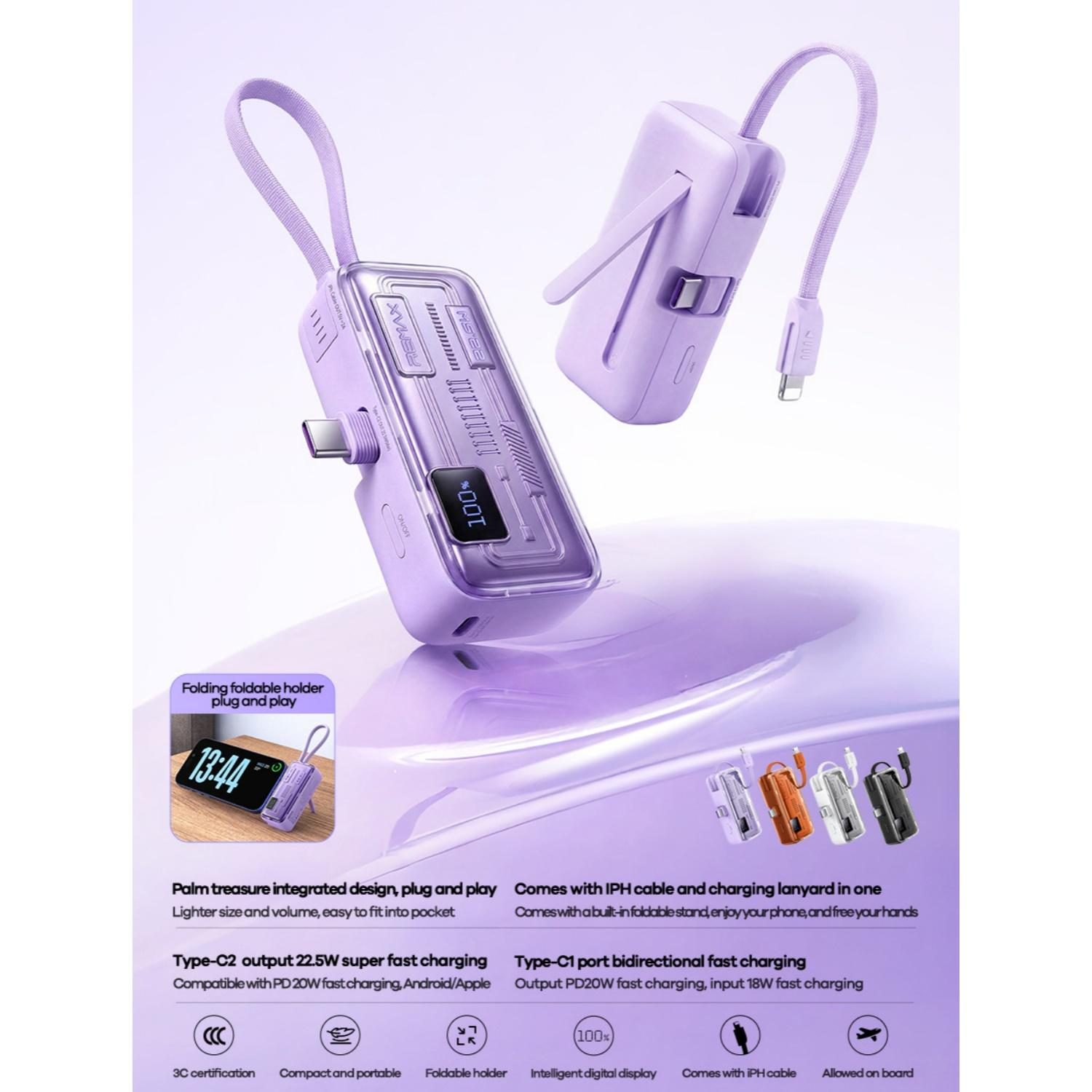 Lila Powerbank mit ausklappbarem Ständer und Lanyard, digitaler Anzeige.