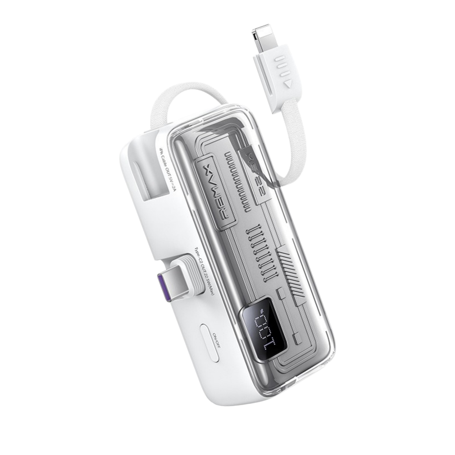 Ein weißes Ladegerät mit transparentem Gehäuse und Lightning- sowie USB-C-Anschlüssen.