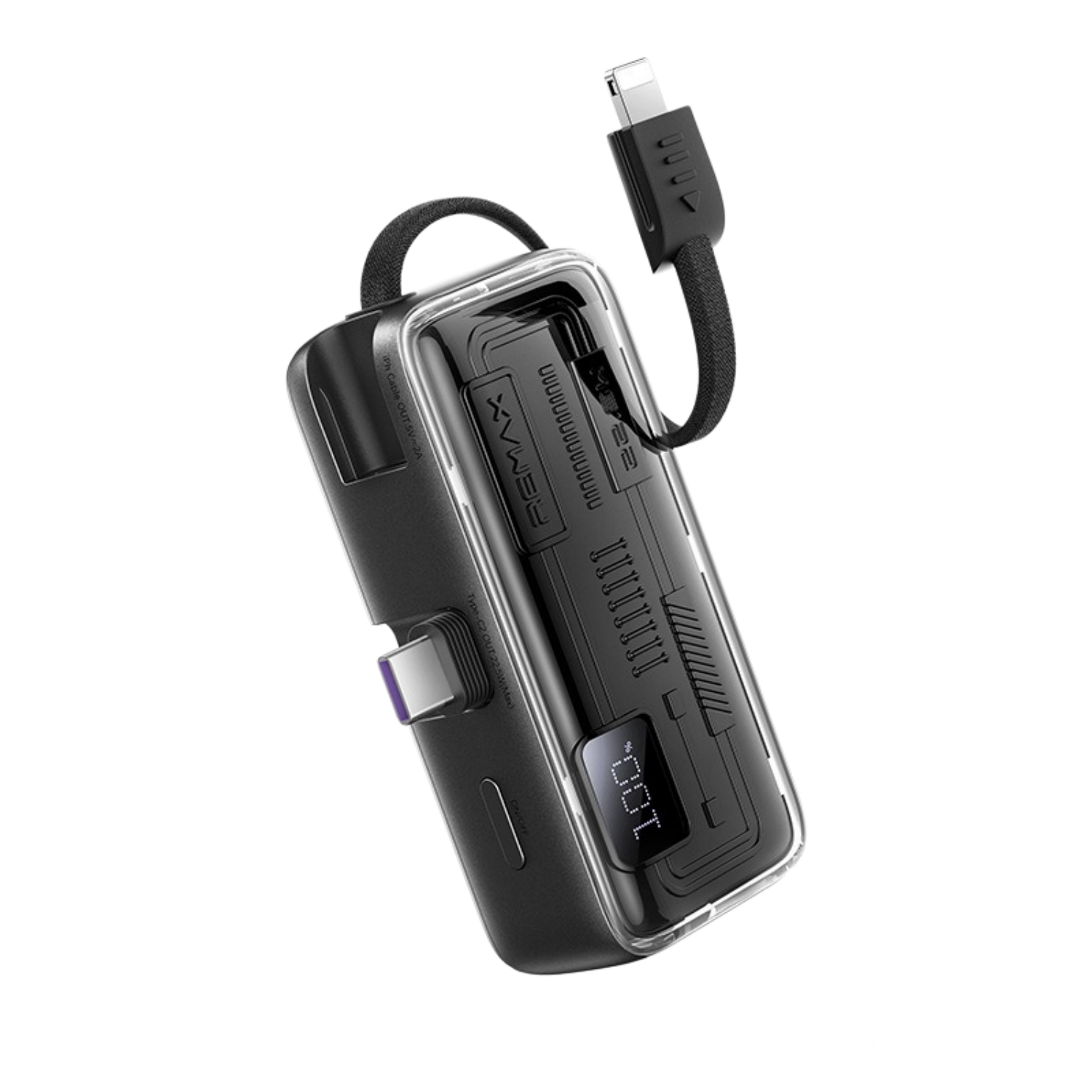 Schwarzes Ladegerät mit Kabel und USB-C-Anschluss. Zeigt 100% an.