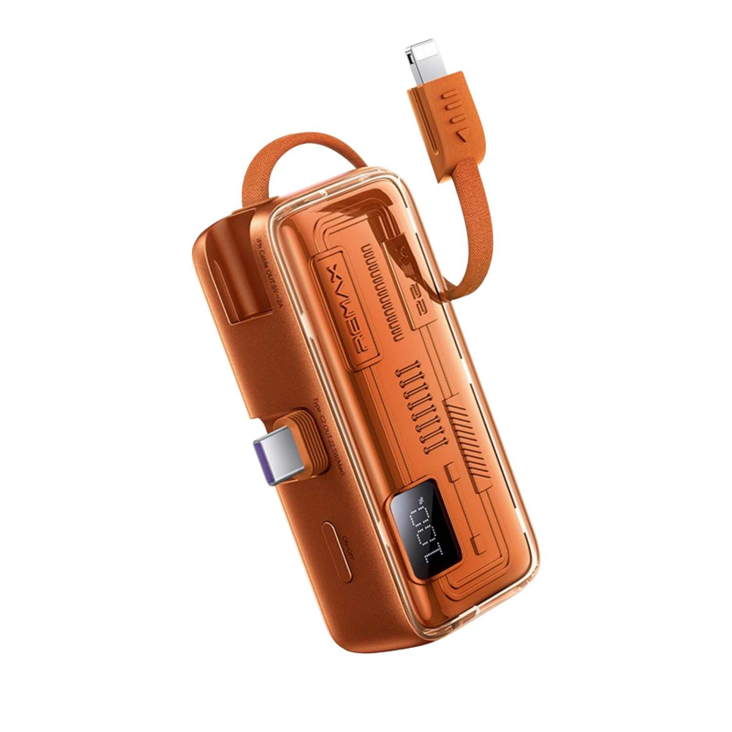 Orange Powerbank mit Kabeln und digitaler Anzeige, die 100 % zeigt.