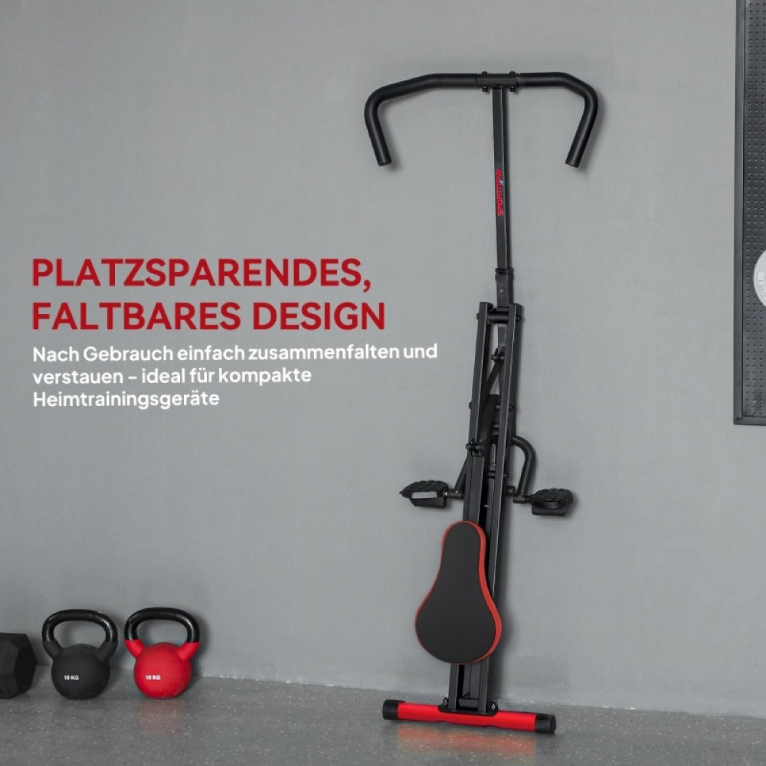 Ein zusammenklappbares Heimtrainingsgerät mit Griffen, Sitz, Pedalen und Gewichten.