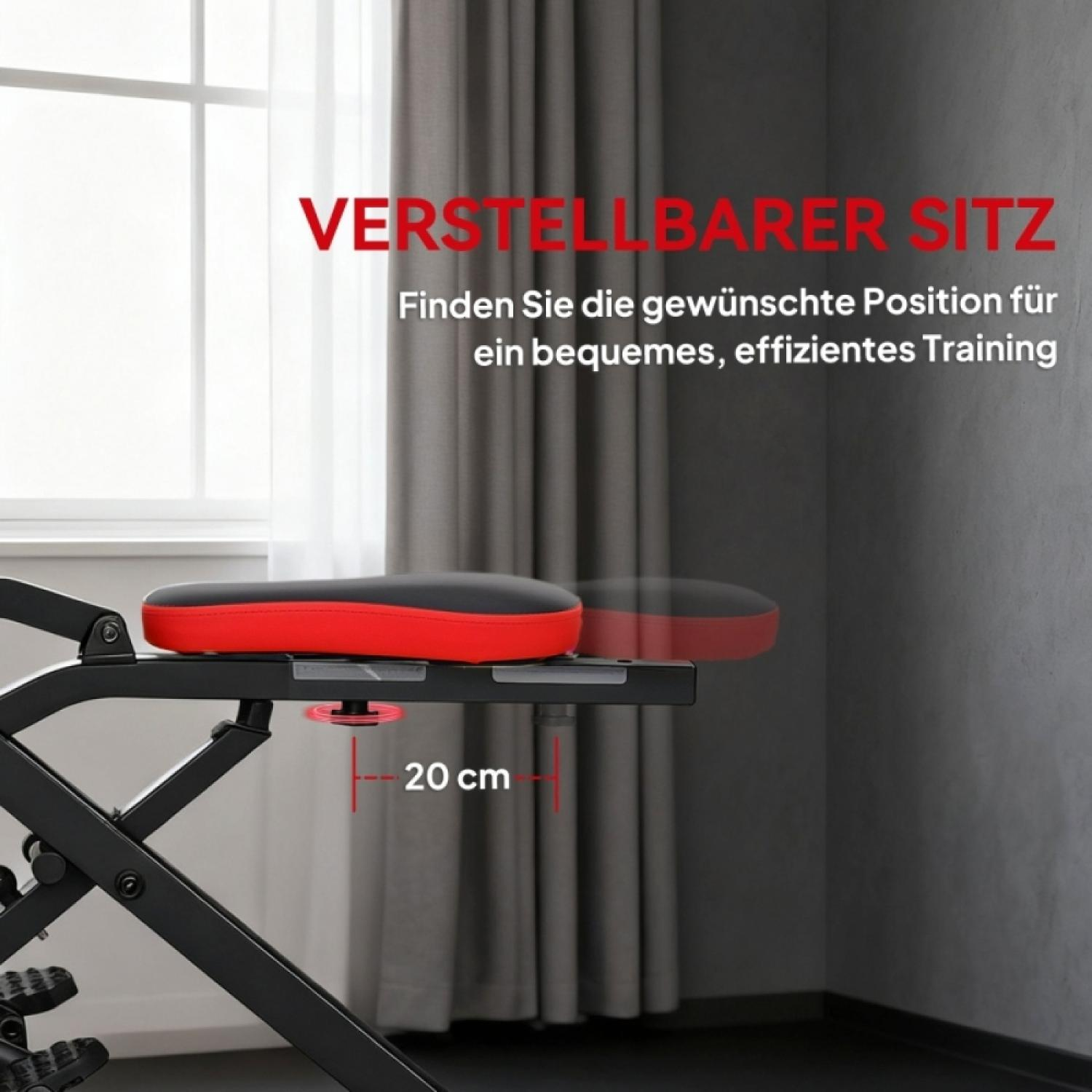 Verstellbarer Sitz mit rotem Polster, 20 cm Verstellbereich.