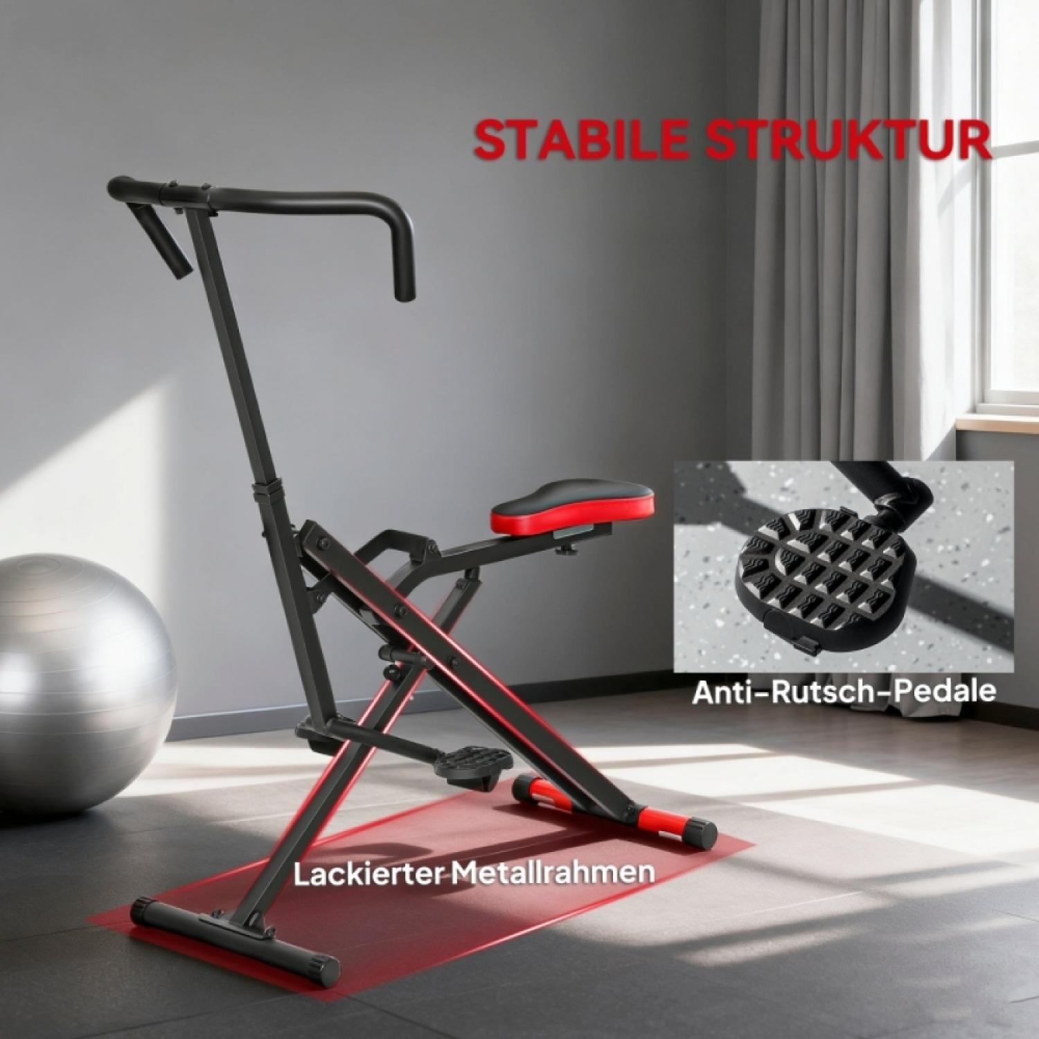 Heimtrainer mit rotem Sitz und Griffen, stabile Metallstruktur.