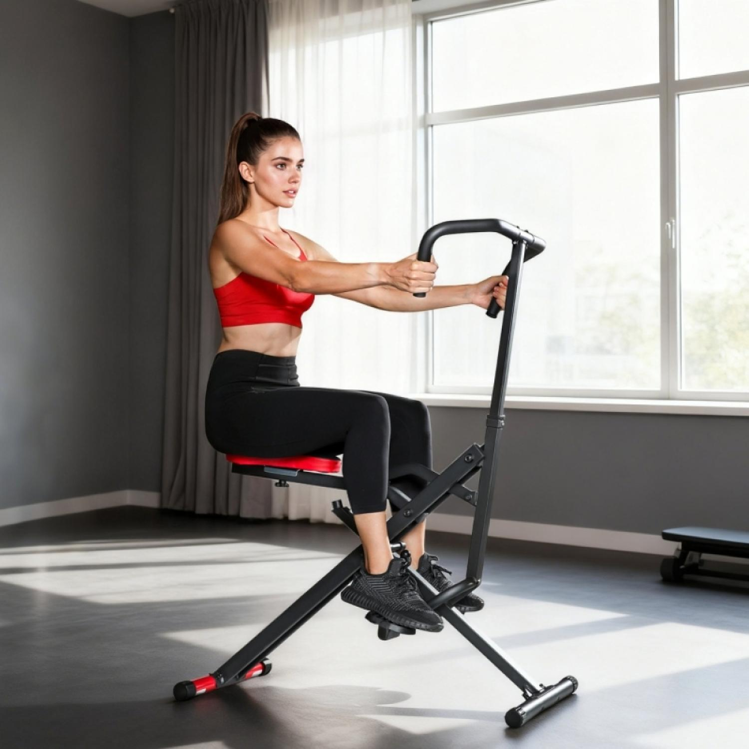 Frau trainiert auf einem Heimtrainer in einem Raum mit großen Fenstern.