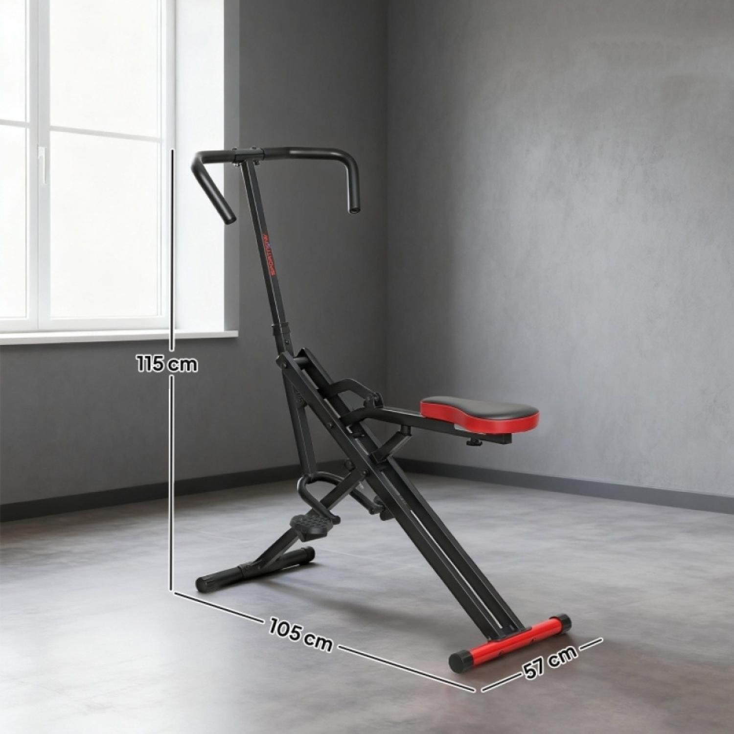Ein schwarzes und rotes Fitnessgerät mit Sitz und Griffen vor einem Fenster.