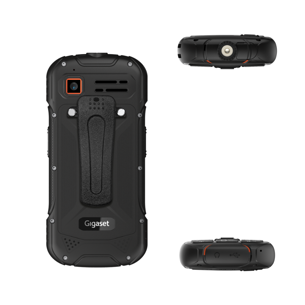 Schwarzes Outdoor-Smartphone mit Gürtelclip, Kamera und Anschlüssen.