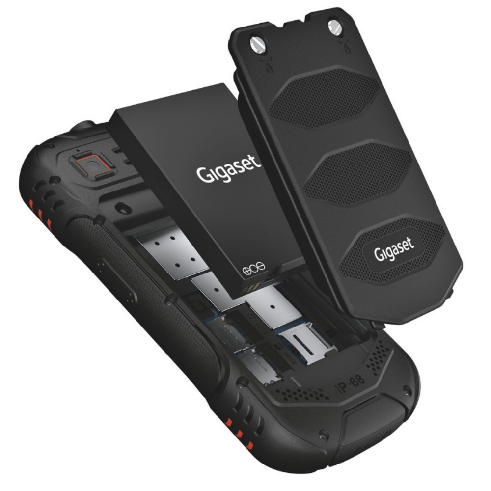 Ein schwarzes Gigaset-Smartphone mit abgenommenem Akkudeckel und eingelegtem Akku.