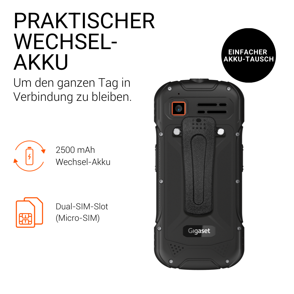Rückseite eines schwarzen Gigaset-Handys mit Kamera, Gürtelclip und Symbolen für Akku und SIM.