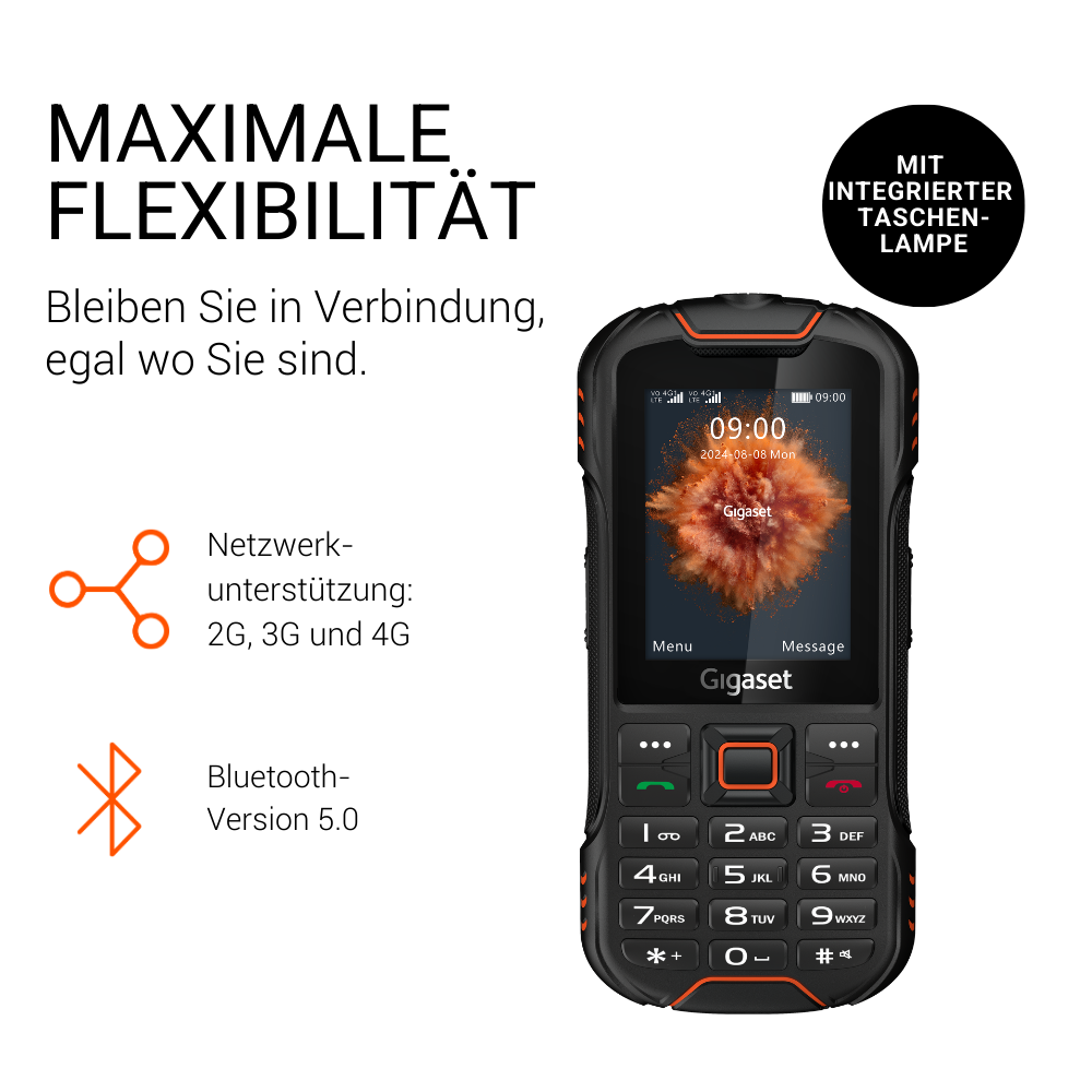Robustes Gigaset-Handy mit Tastenfeld, Bildschirm und integrierter Lampe.